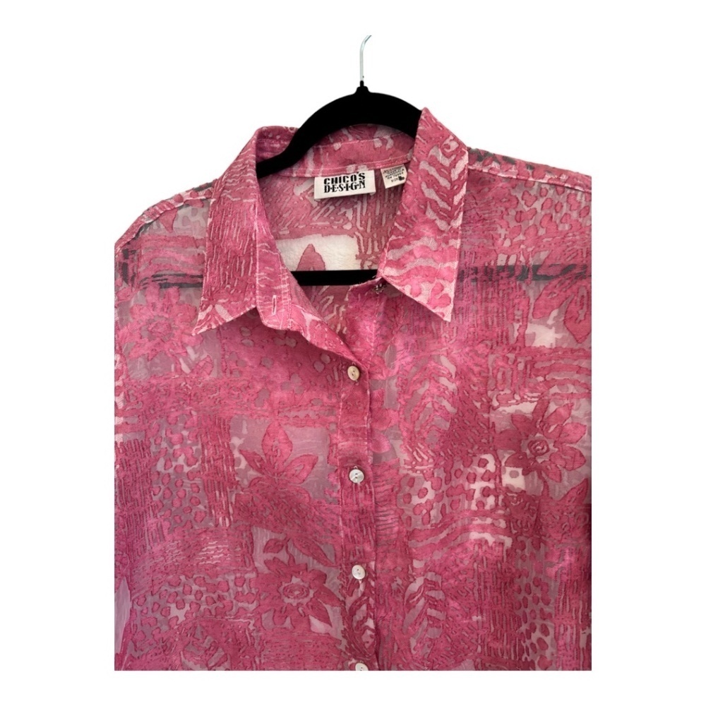 CHICOS Womens Button TOP Long Sleeve PINK Burnout FLORAL Size 3 - Picture 3 of 4